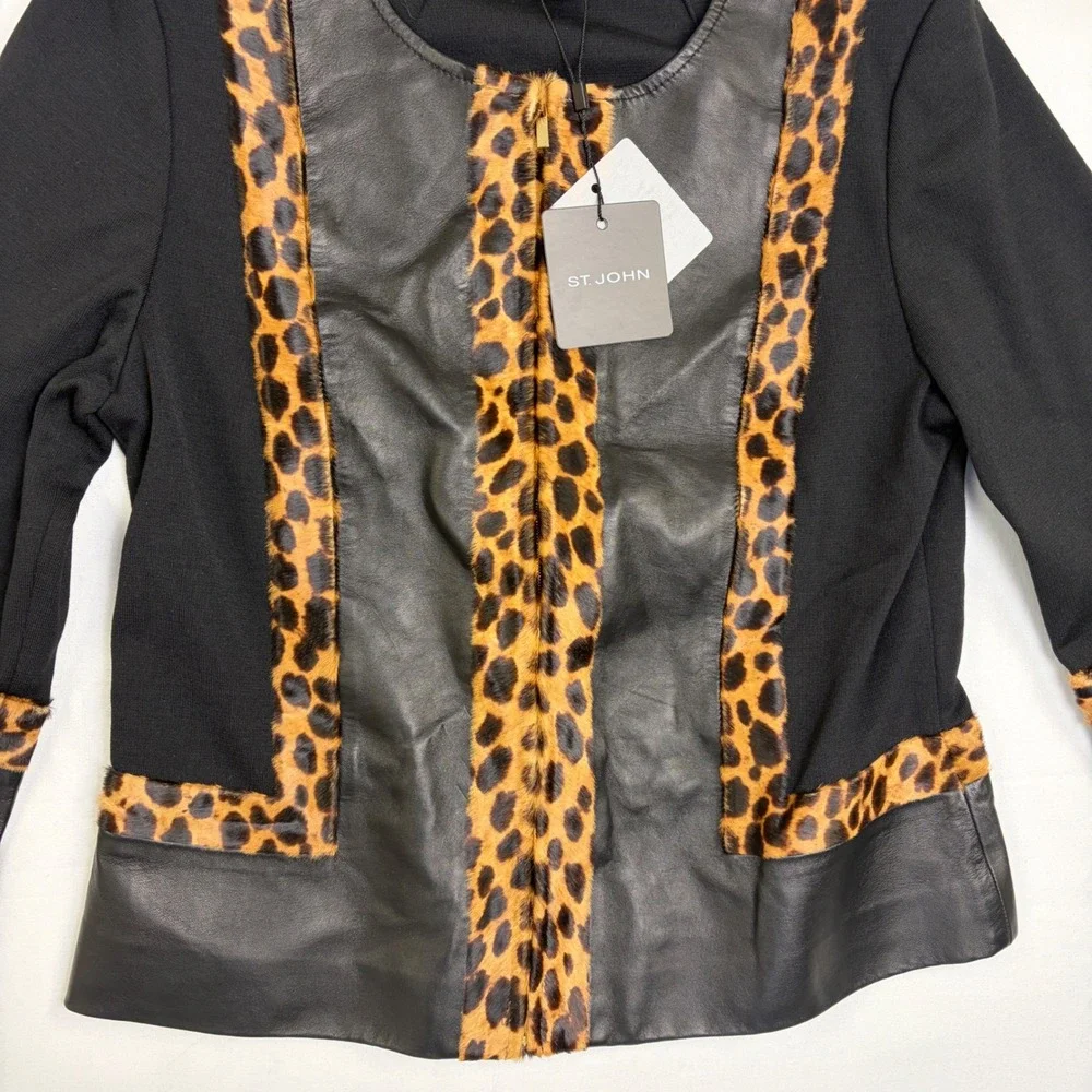 NWT St. John Collection Blazer Women 8 Black Leather Leopard Wool Silk Jacket - Picture 5 of 16